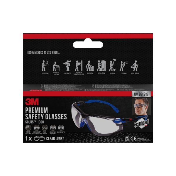 3M Solus Gafas de Seguridad - Junta de Espuma Acoplable - Revestimiento Antivaho - Lente Transparente - Antirrayaduras - Proteccion UV - Color Negro/Azul