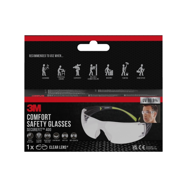 3M Securefit Gafas de Seguridad - Lentes Incoloras - Antivaho - Antirrayaduras - Proteccion UV - Color Transparente