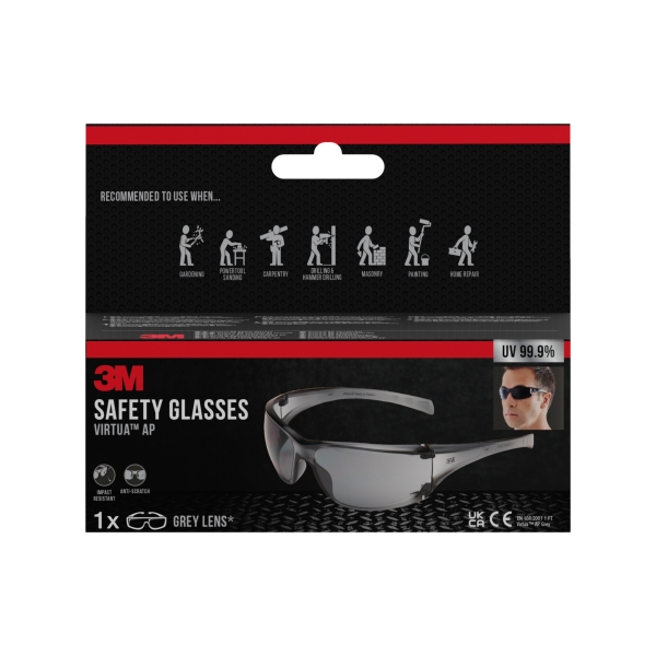 3M Virtua AP Gafas de Seguridad - Lentes Oscurecidas - Antirrayaduras - Antivaho - Proteccion UV - Color Gris