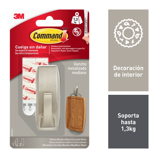 Command Gancho Metalico Mediano - Estilo Moderno - 2 Tiras Adhesivas - Soporta hasta 1.3kg - Color Niquel Pulido