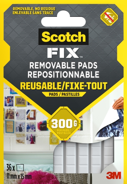 Scotch-Fix Pack de 36 Tiras Adhesivas Reutilizables - 11mm x 15mm - Color Blanco