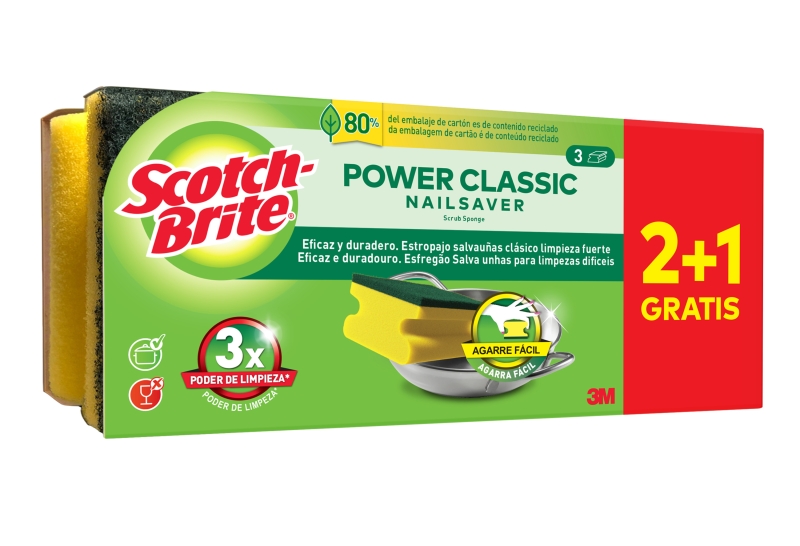 Scotch-Brite Classic Pack de 3 Estropajos de Cocina - Proteccion para los Dedos - Promocion 2 + 1 Gratis - Color Amarillo