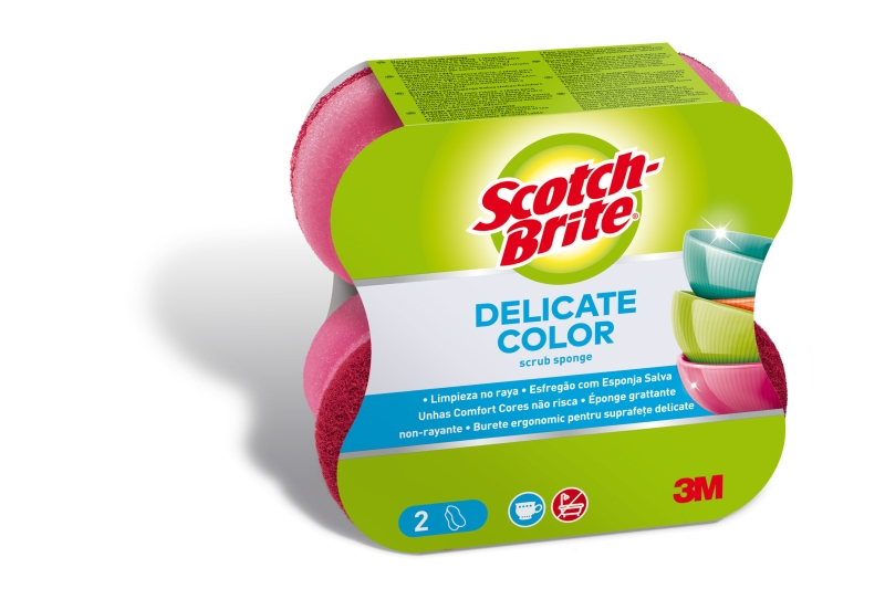Scotch-Brite Delicate Color Pack de 2 Estropajos de Cocina - Proteccion para los Dedos - No Raya - Color Rosa