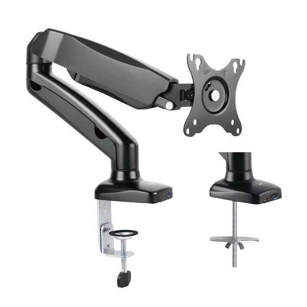 Ewent Soporte de Mesa con Brazo Articulado para Monitor hasta 34" - Resorte de Gas - Giratorio e Inclinable - Gestion de Cables - Peso Maximo 9kg - VESA 100x100 - 1x USB-A 3.1 Gen1 - Entrada Jack y Microfono - 117x610x370mm - Color Negro
