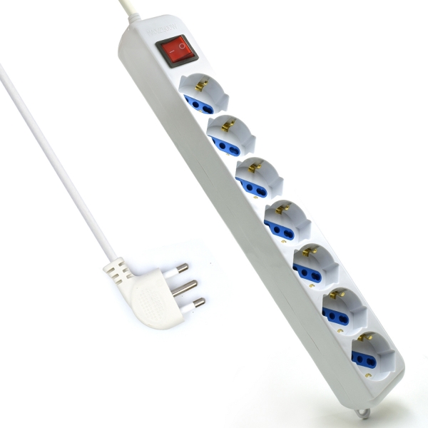 Ewent Regleta con 6 Tomas Tipo L/F (Schuko) de 10/16A - Interruptor de Encendido - Proteccion contra Sobretensiones - Proteccion Infantil - Enchufe Italiano Plano en Angulo - Cable de 1.5m - Color Blanco