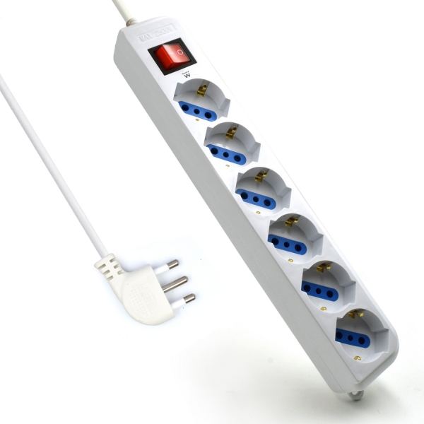 Ewent Regleta con 6 Tomas Tipo L/F (Schuko) de 10/16A - Proteccion contra Sobretensiones - Proteccion Infantil - Enchufe Italiano Plano en Angulo - Interruptor On/Off - Cable de 1.5m - Color Blanco