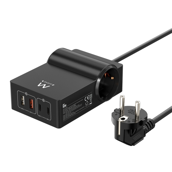 Ewent Cargador USB con 2 Tomas de Corriente Tipo Schuko 16A - 65W GaN - 2x USB-A - 2x USB-C - Cable de 1.5m - Proteccion Infantil - Proteccion contra Sobrecorriente y Sobretensiones - Color Negro
