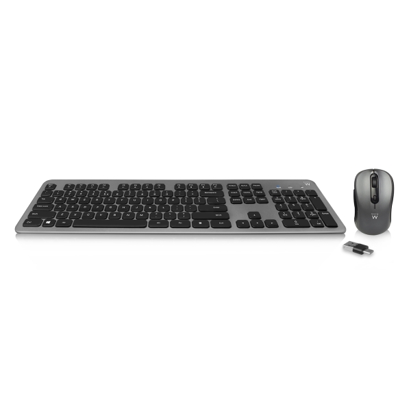 Ewent Pack Teclado + Raton Inalambrico para Oficina - Receptor USB-A 2.4Hz - 1600dpi - Disposicion Inglesa QWERTY US - Incluye Pilas AA/AAA - Teclas Silenciosas de Perfil Bajo - Color Negro/Gris