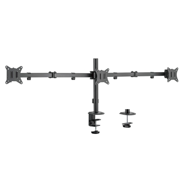 Ewent Soporte de Mesa para Tres Monitores hasta 27" - Giratorio e Inclinable - Gestion de Cables - Peso Maximo de 7kg por Monitor - VESA 100x100 - 1430x548x148mm - Color Negro