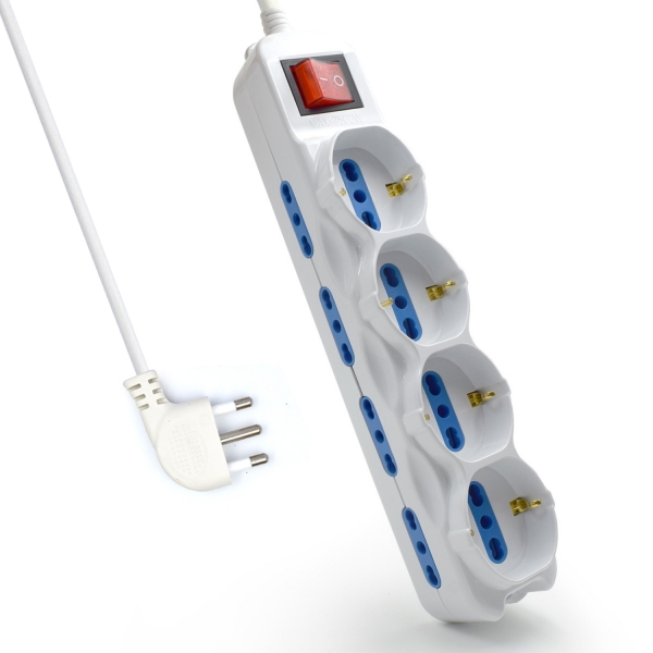 Ewent Regleta con 6 Tomas - 8 Tomas L + 4 Tomas L/F (Schuko) - Interruptor de Encendido - Proteccion Infantil - Enchufe Italiano Plano en Angulo - Cable de 5m - Color Blanco