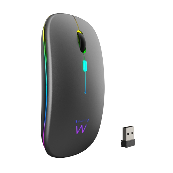 Ewent Raton Inalambrico - Receptor USB-A de 2.4GHz- Bluetooth 5.1 - Recargable - Luces RGB - 4 Botones - Bateria de Litio de 500mAh - Color Negro