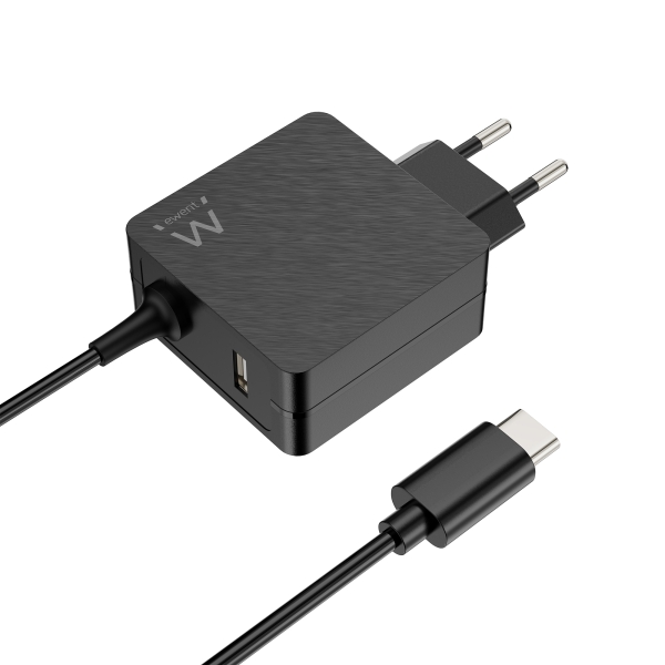 Ewent Cargador de Pared USB-C de 45W - Power Delivery - USB-A Extra - Cable de 1.5m - Proteccion Electrica - Color Negro