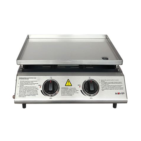 Muvip Plancha de Asar de Gas - 2 Quemadores - Panel de Control y Plancha de Acero - Bandeja Recoge Grasas - Llama Regulable - Superficie Antiadherente