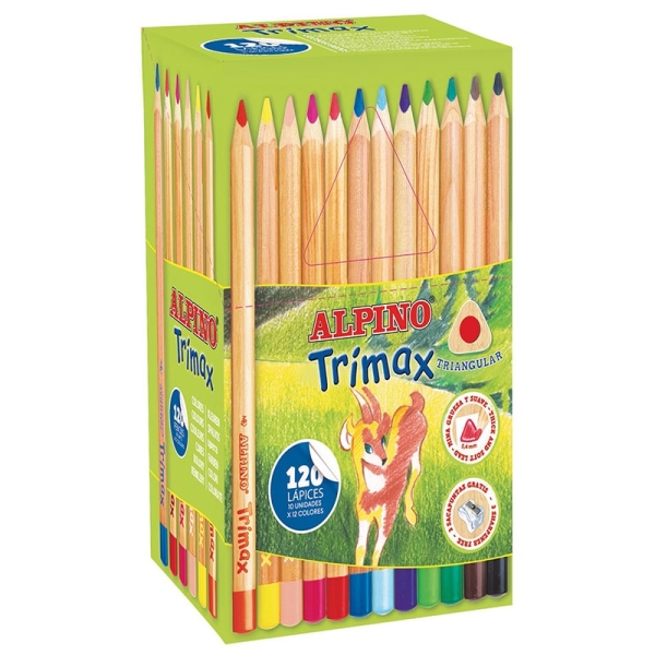 Alpino Trimax Economy Pack de 120 Lapices de Colores Triangulares Gruesos + 2 Sacapuntas - Mina de 5.4mm - Resistente al Agua - Bandeja Extraible - Colores Surtidos