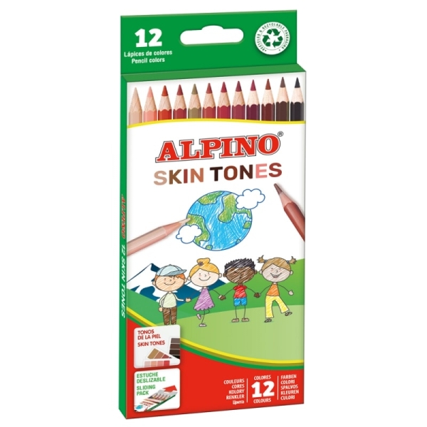 Alpino Skin Tones Pack de 12 Lapices de Colores Hexagonales - Mina de 3mm - Resistente a la Rotura - Bandeja Extraible - Colores que Recrean los Diferentes Tonos de Piel