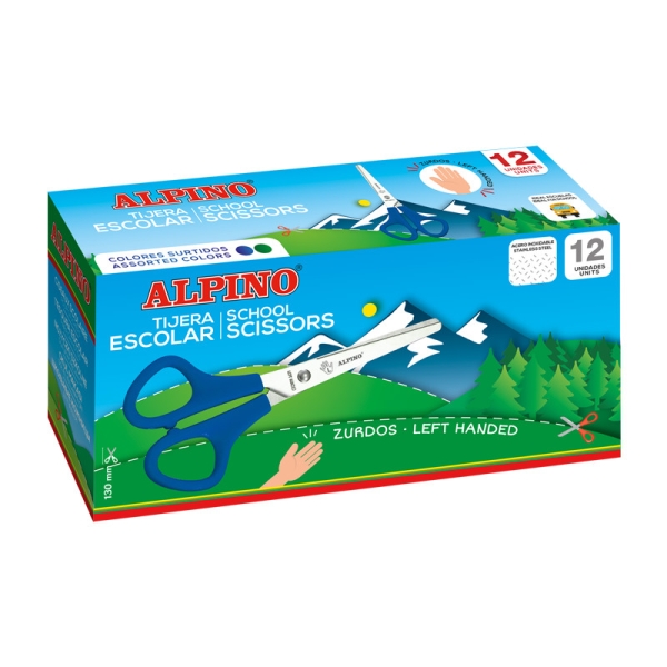 Alpino Tijera Escolar para Zurdos 13cm - Acero Inoxidable - Punta Roma - Colores Surtidos