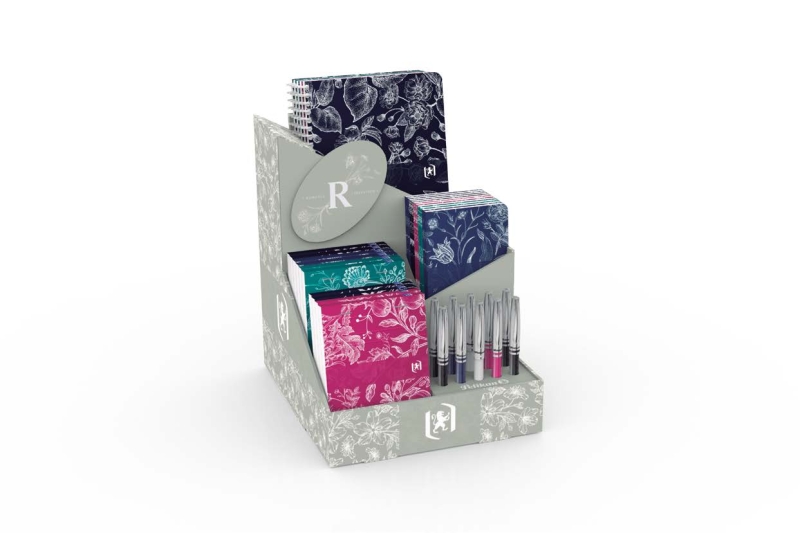 Oxford Romance Expositor con 10 Blocs Grapados A6, 10 Libreta Grapadas A6, 5 Cuadernos Espiral A5 y 10 Boligrafos