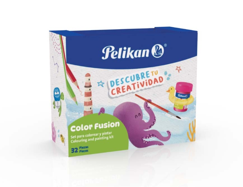 Pelikan Color Fusion Pack con 12 Rotuladores + 12 Lapices de Colores + 6 Botes de Tempera 25ml, Pincel y Recipiente para Agua