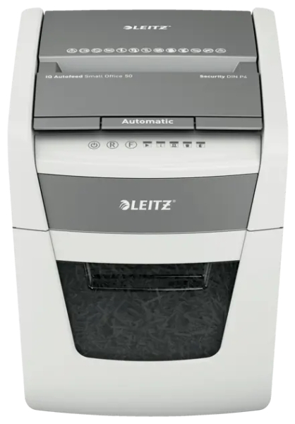 Leitz IQ Autofeed 50X P4 Destructora Automatica de Papel Corte en Particulas P-4 - Autoalimentacion 50 Hojas, Manual 6 Hojas - Papelera de 20L - Color Blanco/Gris