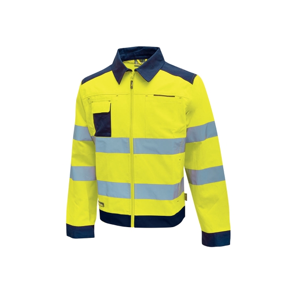 Upower Glare Chaqueta Funcional con Bolsillos Multifuncionales - Talla 2XL - Portatarjetas Retractil, Rayas Reflectantes, Triple Costuras, Proteccion DPI2, Certificacion CE - Color Amarillo Fluorescente