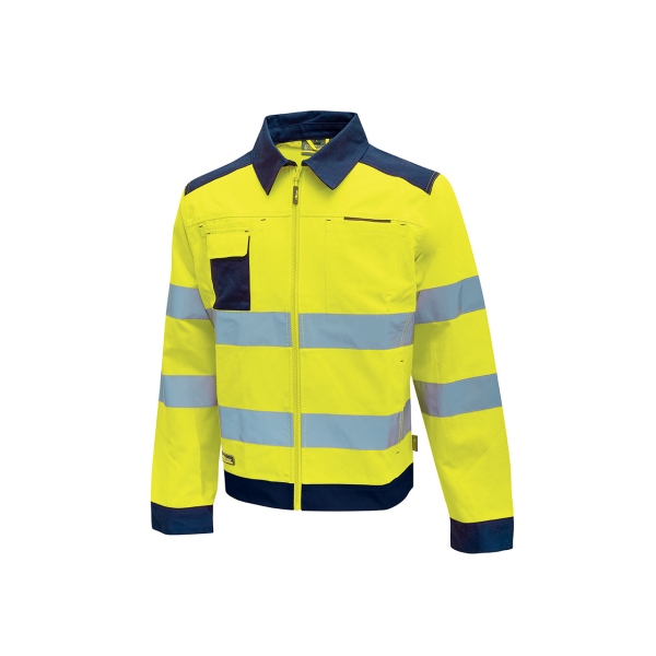 Upower Gleam Chaqueta Funcional con Bolsillos Multifuncionales - Talla 2XL - Portatarjetas Retractil, Rayas Reflectantes, Triple Costuras, Proteccion DPI2 - Color Amarillo Fluorescente