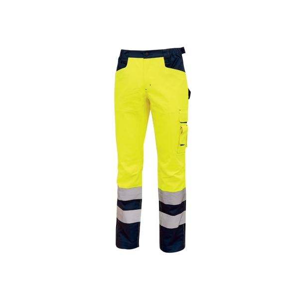 Upower Light Pantalon de Trabajo con Multiples Bolsillos - Talla 3XL - Eslinga para Martillo, Cintura Elastica, Rodillas Preformadas, Rayas Reflectantes, Triple Costura, Proteccion DPI2 - Color Amarillo Fluorescente