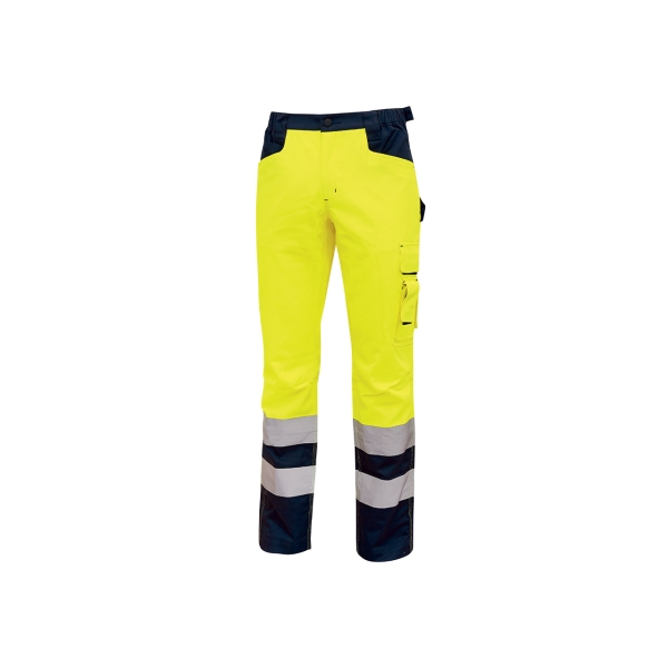 Upower Beacon Pantalon de Trabajo con Bolsillos Multifuncionales - Talla M - Cintura Porta Martillo, Rodillas Preformadas, Rayas Reflectantes, Proteccion DPI2 - Color Amarillo Fluorescente