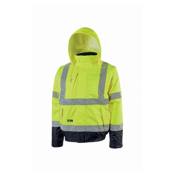 Upower Crafty Cazadora Bomber Alta Visibilidad - Talla S - Mangas Separables, Bandas Reflectantes, Antilluvia, Transpirable, Impermeable, Capucha Plegable, Proteccion DPI3 - Color Amarillo Fluorescente
