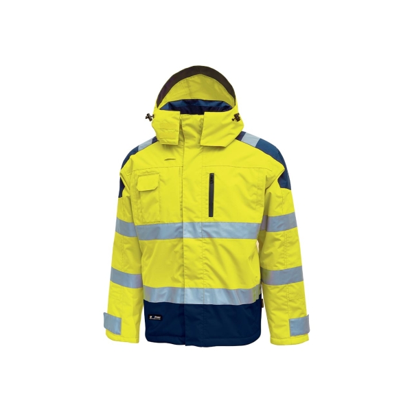 Upower Defender Parka Anti-Lluvia Impermeable y Transpirable - Talla L - Reflectantes en Busto y Mangas, Bolsillo Multimedia con Free Sound, Capucha Desmontable, Proteccion DPI3 - Color Amarillo Fluorescente