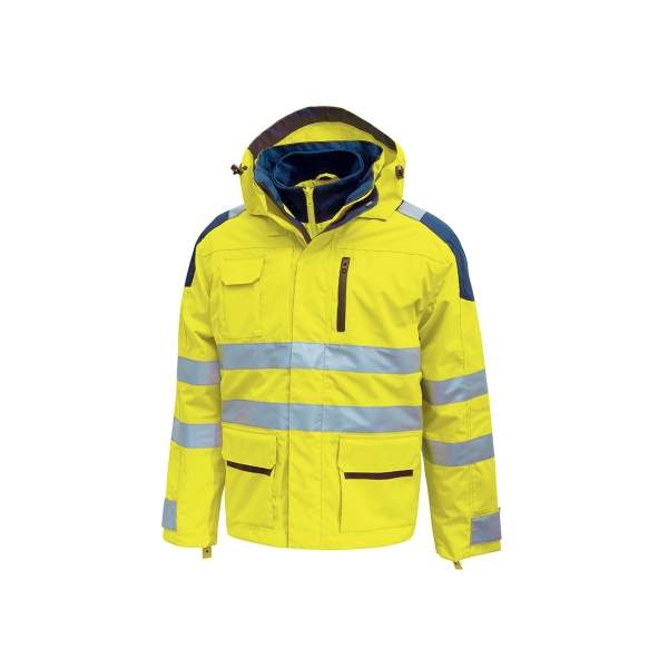 Upower Backer Parka Impermeable y Transpirable - Talla 3XL - Detalles Reflectantes, Multiples Bolsillos Funcionales, Capucha Desmontable, Proteccion DPI3, Micro-Fleece en Cuello - Color Amarillo Fluorescente
