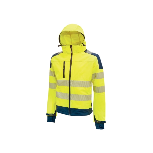 Upower Miky Chaqueta Softshell - Talla L - Transpirable, Elastica, Cortaviento, Repelente al Agua, Capucha Desmontable, Bolsillos con Cremallera, Detalles Reflectantes, Proteccion DPI2 - Color Amarillo Fluorescente
