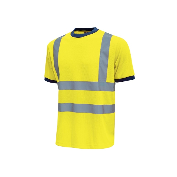 Upower Glitter Camiseta con Rayas Reflectantes - Talla 4XL - Cuello y Mangas Elasticas, Banda para el Sudor, Alta Transpirabilidad, Proteccion DPI2, Hasta 50 Lavados - Color Amarillo Fluorescente