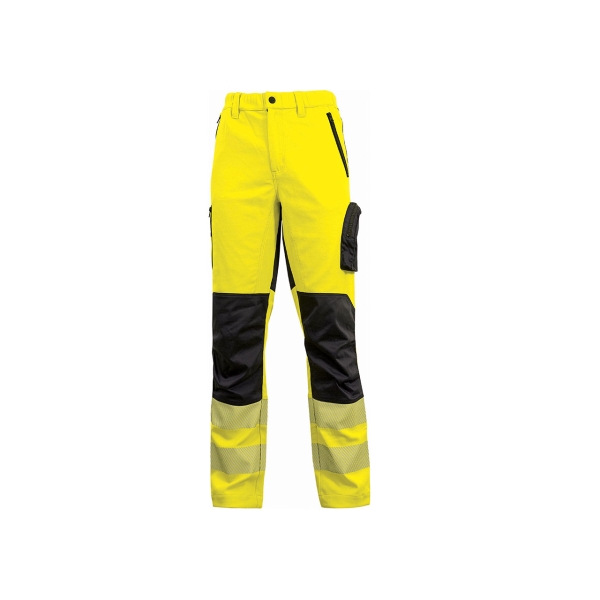Upower Roy Pantalones Alta Visibilidad Elasticos - Talla XL - Tejido Stretch, Multiples Bolsillos con Cierre Zip, Cintura Elastica, Rodillas Preformadas, Proteccion DPI2 - Color Amarillo Fluorescente