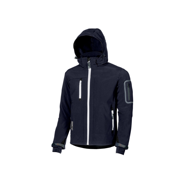 Upower Metropolis Soft Shell de Trabajo - Talla 3XL - Tejido Elastico Cortavientos, Resistente al Agua, Bolsillos Termicos, Capucha Desmontable, Proteccion DPI1, Ajuste Ergonomico - Color Azul Marino