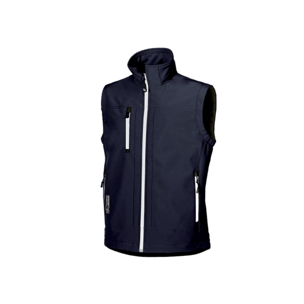 Upower Climb Chaleco de Trabajo Soft Shell - Talla 2XL - Tejido Elastico Transpirable, Resistente al Viento y Agua, Bolsillo para Movil con Cremallera, Proteccion DPI1 - Color Azul Marino