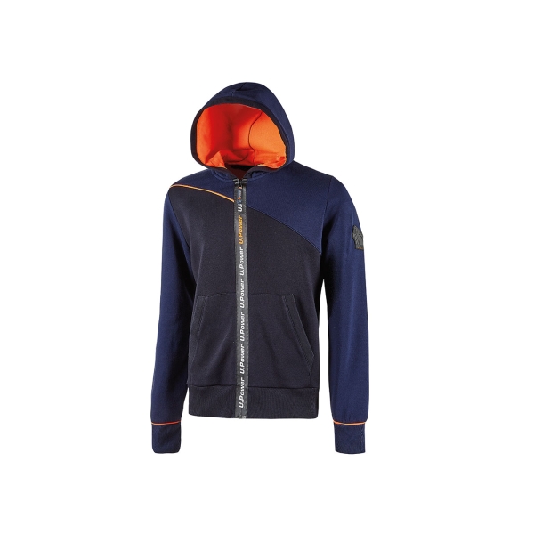 Upower Jupiter Sudadera de Trabajo - Talla S - Cremallera Impermeable, Capucha Ajustable, Bolsillos Practicos, Piping Fluo Elastico, Proteccion DPI1 - Color Azul Marino
