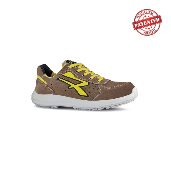 Upower Dorado S ESD Calzado de Seguridad Bajos - Talla 47 - Gamuza Perforada, Puntera de Aluminio, Antideslizante, Antiarrugas, Amortiguacion Superior, Proteccion S1PS FO SR - Color Beige/Amarillo
