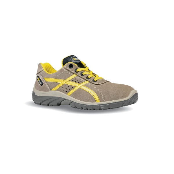 Upower Air Calzado de Seguridad Bajos - Talla 47 - Piel Afelpada Perforada, Puntal Golia 0 Joule, Antiestaticos, Resistentes a Hidrocarburos, Suela Antideslizante, Proteccion 01 FO SR - Color Beige/Amarillo