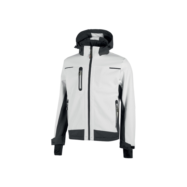 Upower Space Chaqueta Softshell Impermeable - Talla M - Transpirable, a Prueba de Viento, Forro Micropolar, Capucha Desmontable, Bolsillos Avanzados, Proteccion DPI1 - Color Blanco
