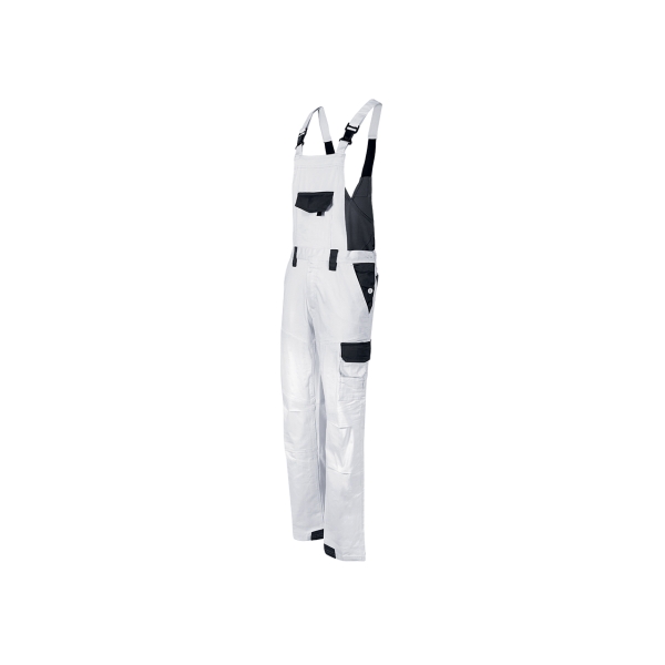 Upower Kalamata Peto de Trabajo Resistente - Talla M - Algodon Stretch, Multiples Bolsillos, Tirantes Ajustables, Rodillas Preformadas, Refuerzos Antidesgaste, Facil de Lavar - Color Blanco