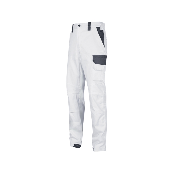 Upower Salonicco Pantalon de Trabajo - Talla L - Algodon Stretch, Multiples Bolsillos Seguros, Proteccion Lumbar Reforzada, Detalles Reflectantes, Refuerzo Antidesgaste - Color Blanco