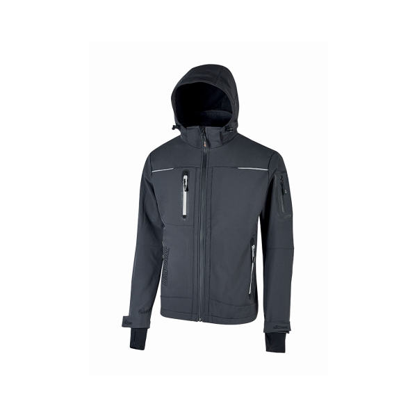 Upower Space Chaqueta Softshell Impermeable - Talla L - Transpirable, a Prueba de Viento, Forro Micropolar, Capucha Desmontable, Bolsillos Avanzados, Proteccion DPI1 - Color Gris Asfalto