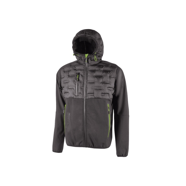 Upower Spock Chaqueta Hibrida Transpirable Antiviento - Talla M - Cremallera Impermeable, Capucha Ajustable, Acolchado sin Costuras, Bolsillos Fluorescentes, Proteccion DPI1 - Color Gris Asfalto