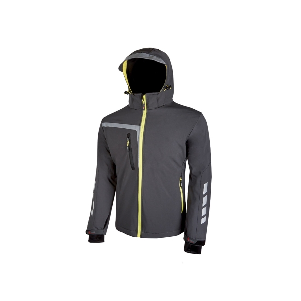 Upower Quick Chaqueta Soft Shell - Talla XL - Tejido Elastico Cortavientos y Repelente al Agua, Bolsillo Pecho con Cierre Impermeable, Capucha Ajustable, Proteccion DPI1 - Color Gris Asfalto