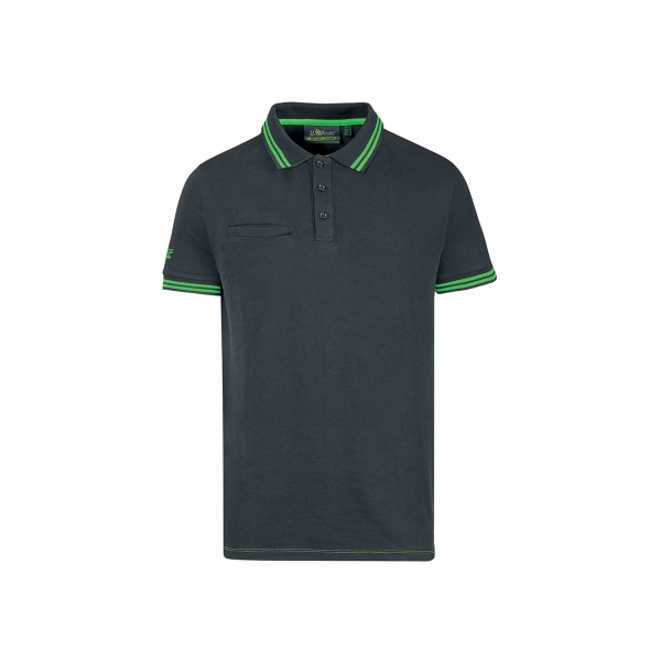 Upower Way Polo Hombre Manga Corta - Talla 4XL - Algodon Stretch, Ajuste Slim Fit, Ribetes en Contraste, Cierre de Tres Botones, Aberturas Laterales, Proteccion DPI1 - Color Gris Asfalto Verdoso