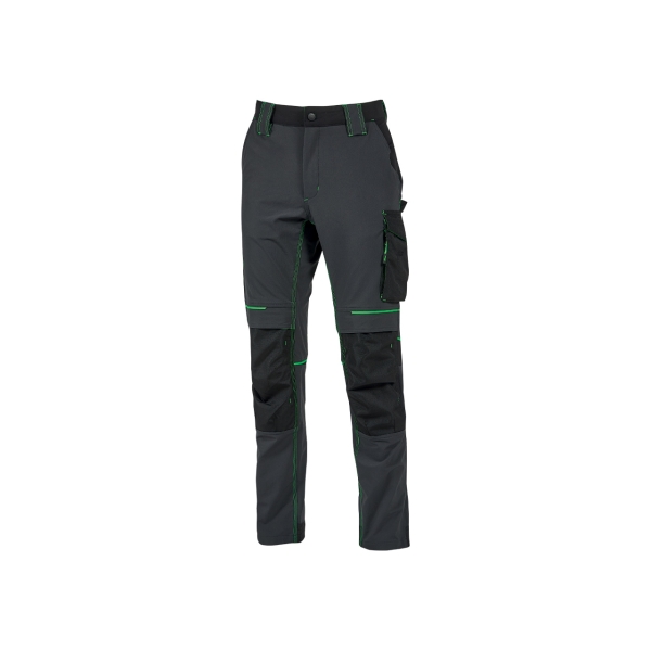 Upower Atom Pantalon de Tejido Elastico - Talla XL - Resistente y Transpirable, Repelente al Agua, Bolsillos Multifuncionales, Proteccion Lumbar, Rodilleras Certificadas PPE CAT.1 - Color Gris Asfalto Verdoso