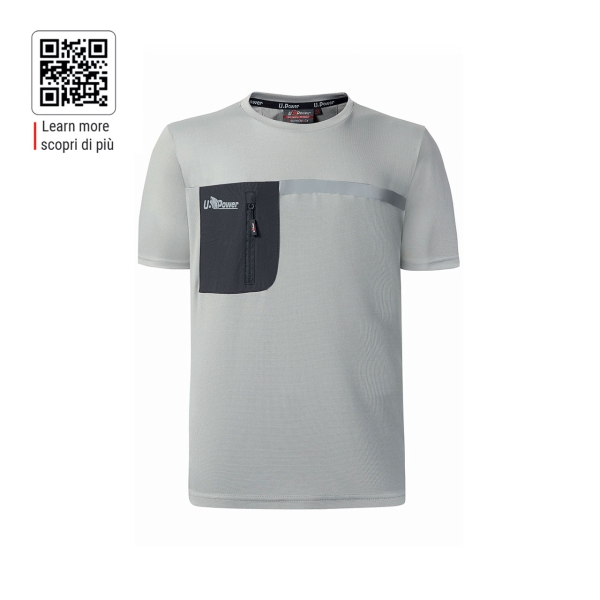 Upower Christal Camiseta Hombre con Termorregulacion Inteligente - Talla M - Efecto Antimicrobiano, Detalles Reflectantes, Bolsillo con Cremallera, Proteccion DPI1 - Color Gris Claro