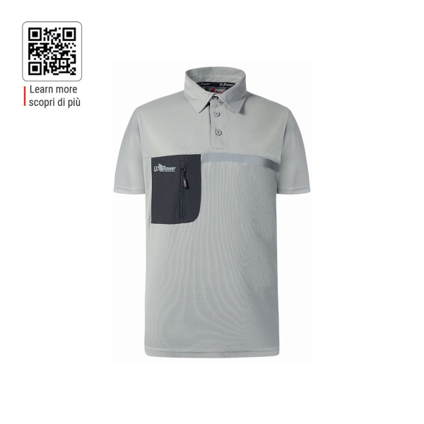 Upower Libra Polo Hombre Termorregulador - Talla M - Tecnologia HeiQ Smart Temp, Tratamiento Antimicrobiano, Bolsillo con Cremallera, Banda Reflectante, Proteccion DPI1 - Color Gris Claro