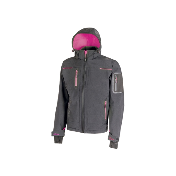 Upower Space Lady Chaqueta Softshell - Talla 2XL - Membrana U-Tex, Impermeable, a Prueba de Viento, Transpirable, Forro Micropolar, Capucha Desmontable, Bolsillos Avanzados, Proteccion DPI1 - Color Gris Fucsia