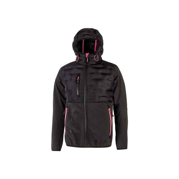 Upower Spock Lady Chaqueta Hibrida de Mujer - Talla S - Transpirable y Antiviento, Capucha Ajustable, Puños Elastizados, Multiples Bolsillos, Proteccion DPI1, Diseño Moderno con Detalles Fluor - Color Gris Fucsia